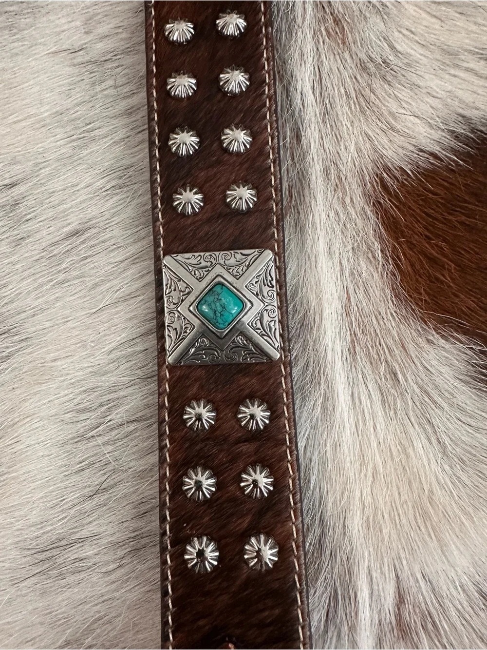 Nocona Belt Co. Turquoise Stone Calf Hair Tooled Leather Belt SZ 38 Western READ
